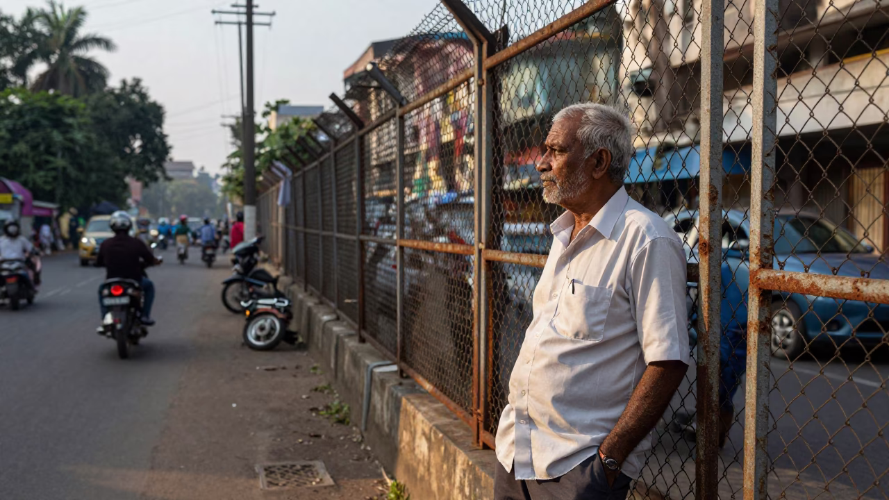 Early Morning Street Scene in Chennai India with Substation Fence and Leather Basketball in in Chennai, India