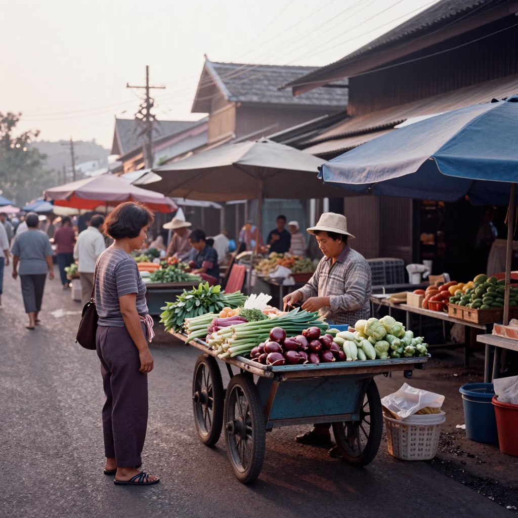 Early Morning Street Scene in Chiang Mai Thailand with Local Market Activity in in Chiang Mai, Thailand