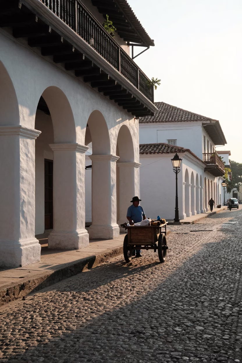 Early Morning Street Scene in Colonial Cartagena Colombia with Local Market Activity in in Cartagena, Colombia