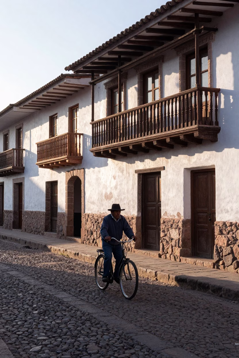 Early Morning Street Scene in Cusco Peru with Bicycle and Colonial Architecture in in Cusco, Peru