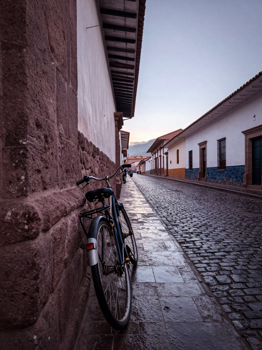 Early Morning Street Scene in Cusco Peru With Bicycle and Local Architecture in in Cusco, Peru