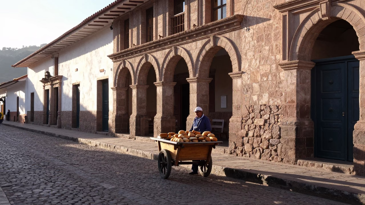 Early Morning Street Scene in Cusco Peru with Bread Loaves and Colonial Architecture in in Cusco, Peru