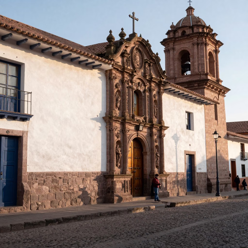 Early Morning Street Scene in Cusco Peru with Colonial Architecture and Local Commerce in in Cusco, Peru