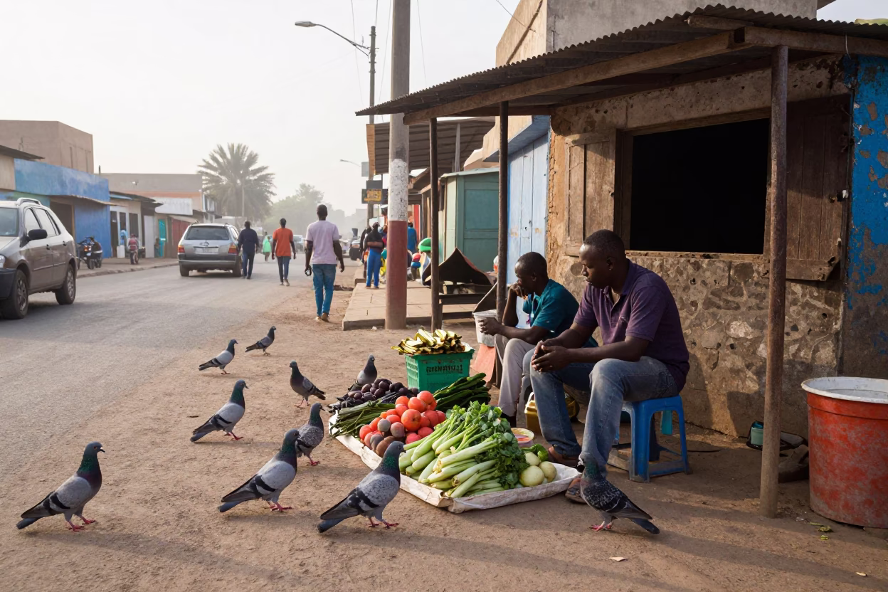 Early morning street scene in Dakar Senegal with pigeons and local vendor in in Dakar, Senegal