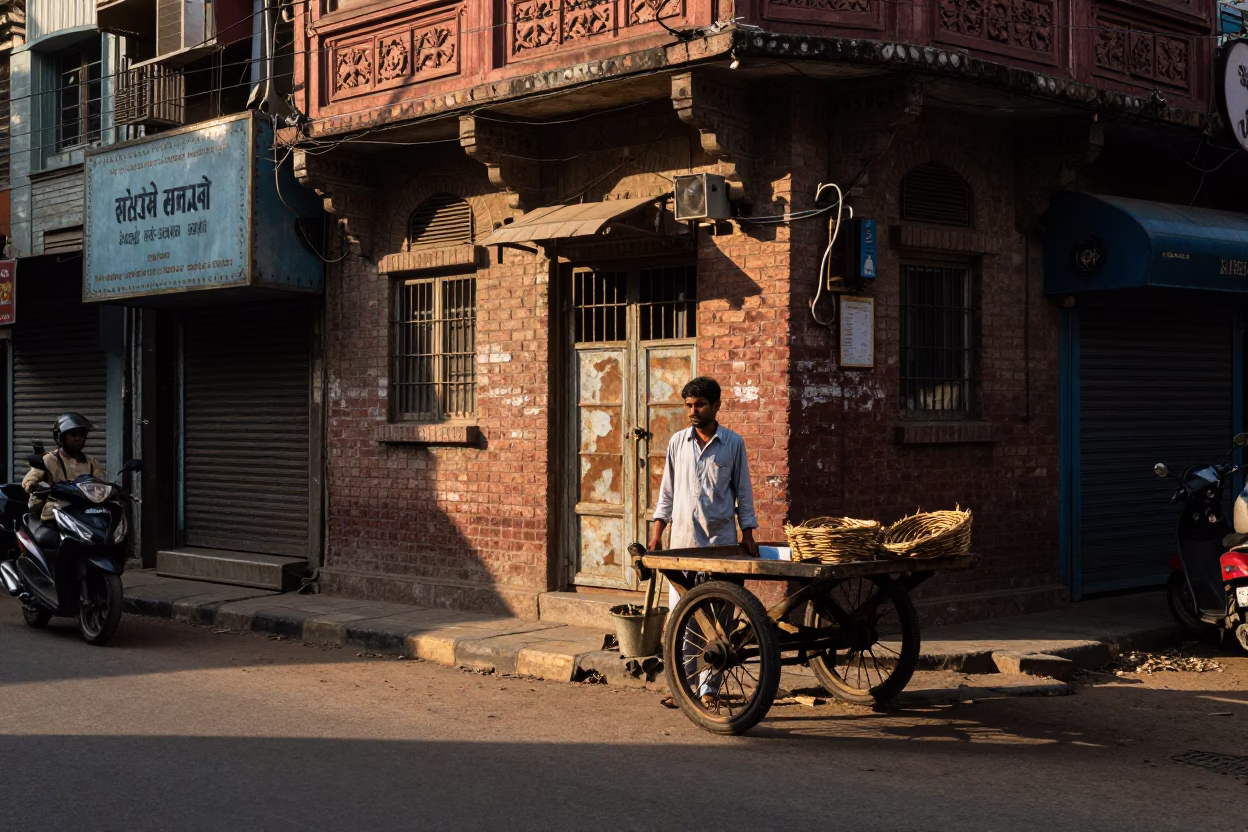 Early Morning Street Scene in Delhi India with Wicker Shadows and Glass Bottles in in Delhi, India