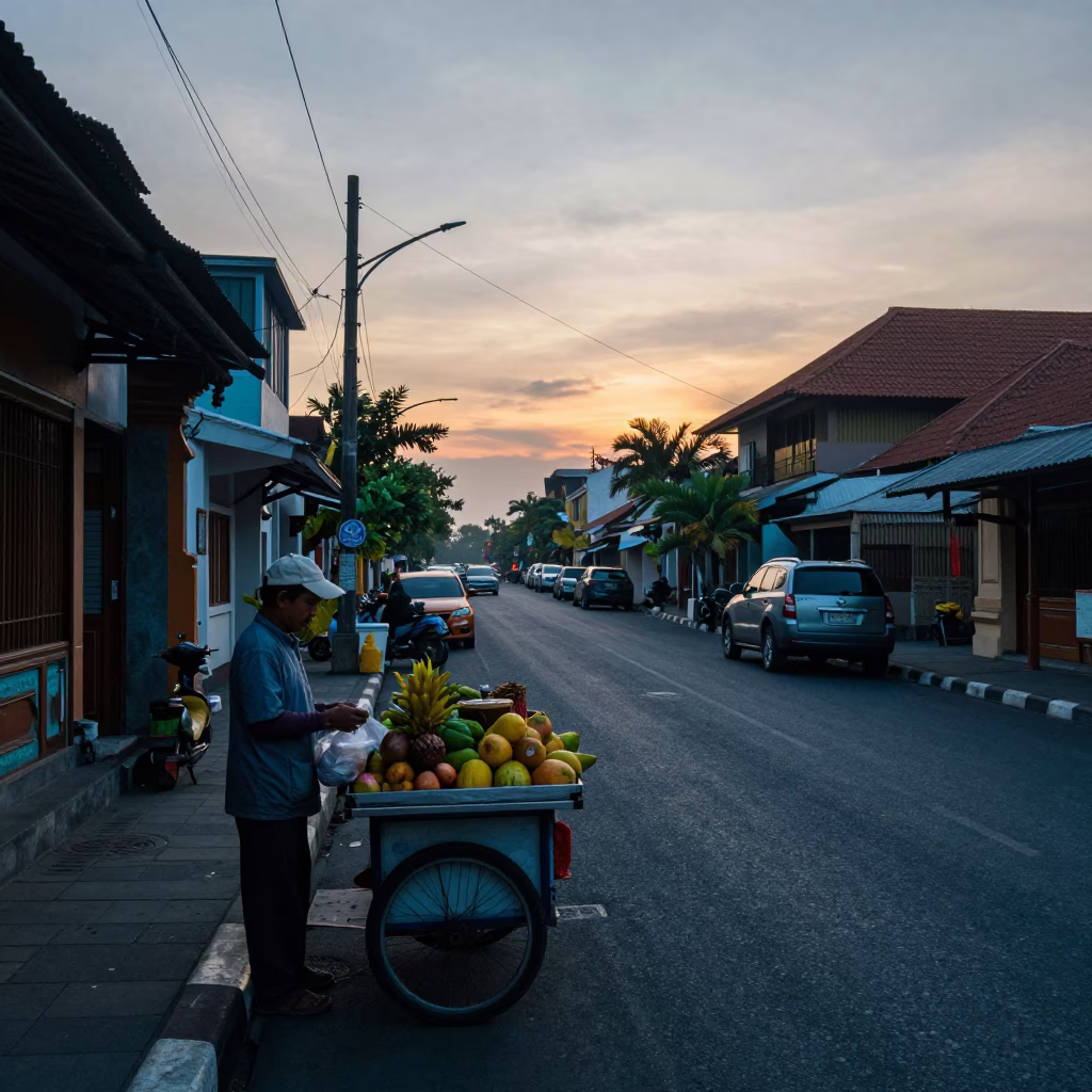Early Morning Street Scene in Denpasar Indonesia Before Sunrise in in Denpasar, Indonesia