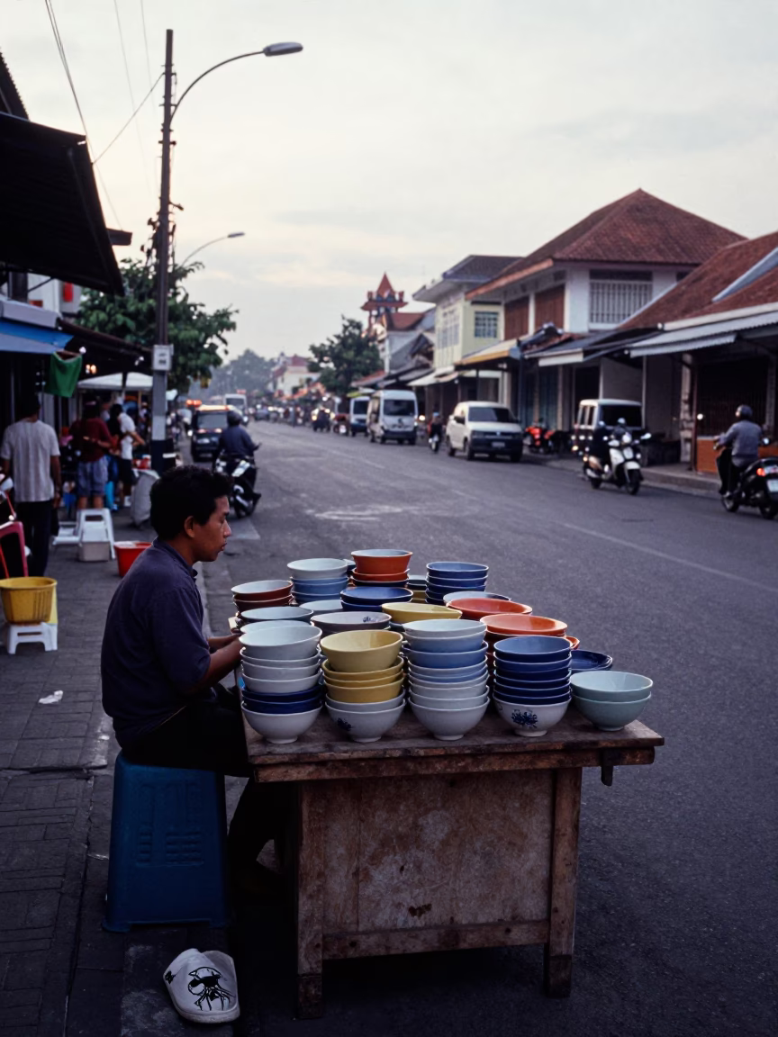 Early Morning Street Scene in Denpasar Indonesia with Ceramic Bowl and Stair Rail in in Denpasar, Indonesia