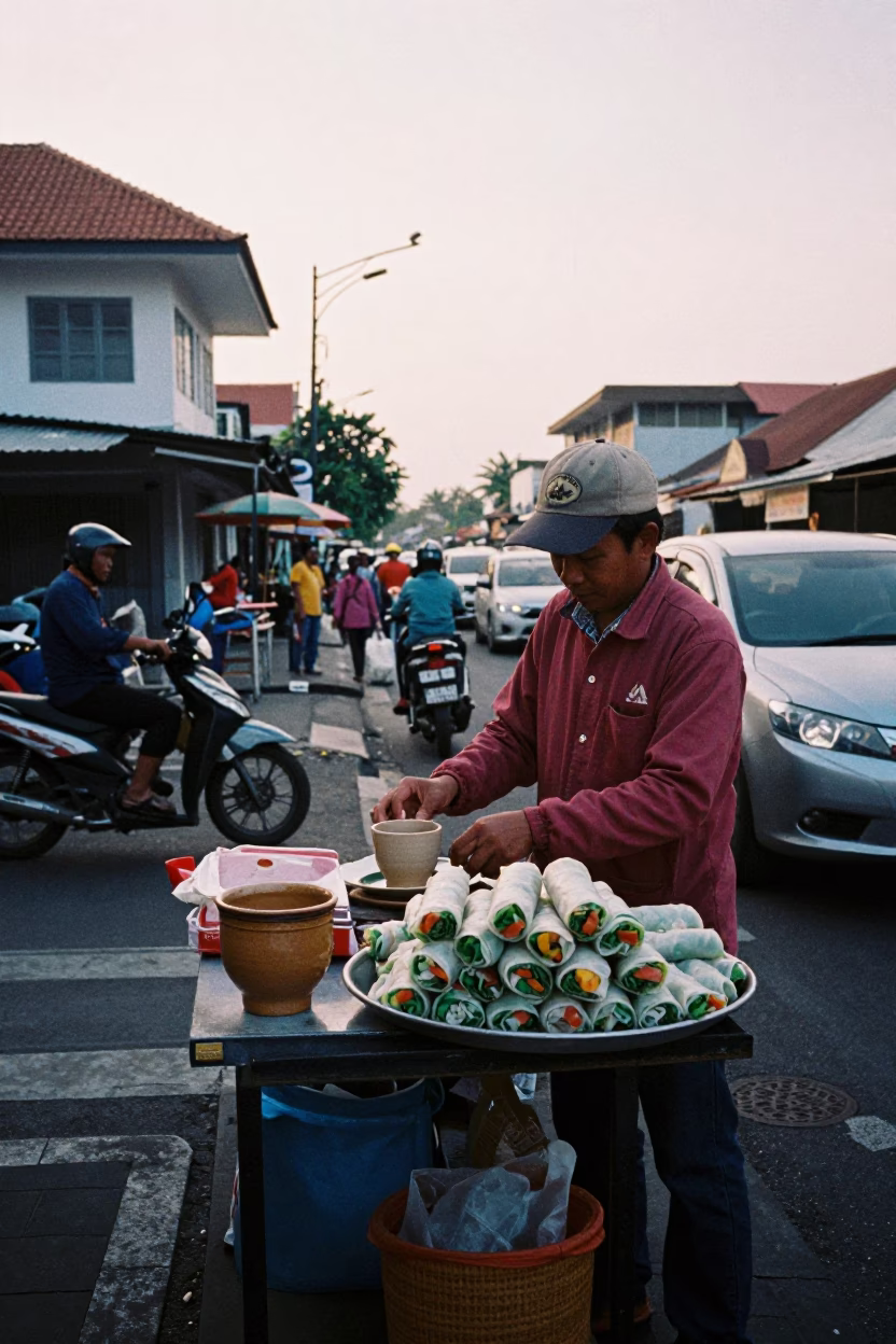 Early Morning Street Scene in Denpasar Indonesia with Ceramic Cup and Local Interaction in in Denpasar, Indonesia