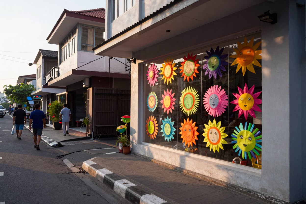 Early Morning Street Scene in Denpasar Indonesia with Colorful Preschool Art in in Denpasar, Indonesia