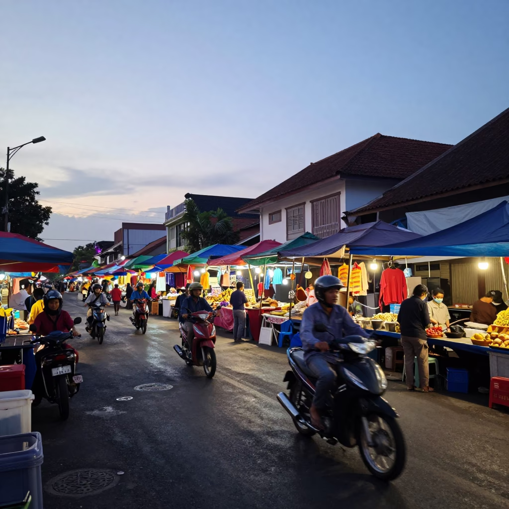 Early Morning Street Scene in Denpasar Indonesia with Local Market Activity and Daily Life in in Denpasar, Indonesia