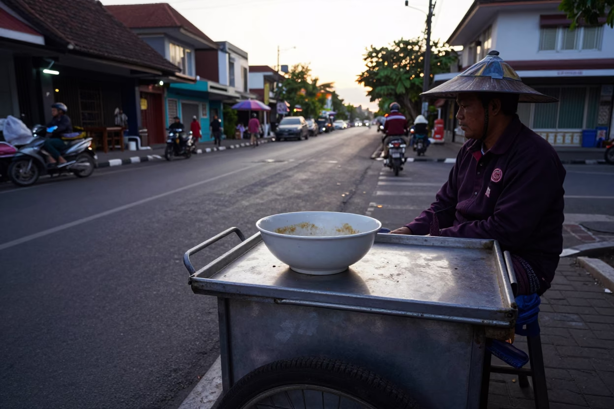 Early Morning Street Scene in Denpasar Indonesia with Local Vendor and Tea Stains in in Denpasar, Indonesia