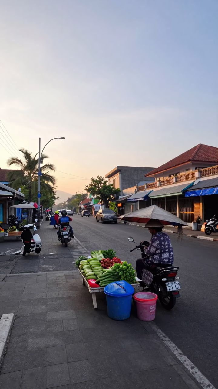 Early Morning Street Scene in Denpasar Indonesia with Local Vendor and Traditional Elements in in Denpasar, Indonesia