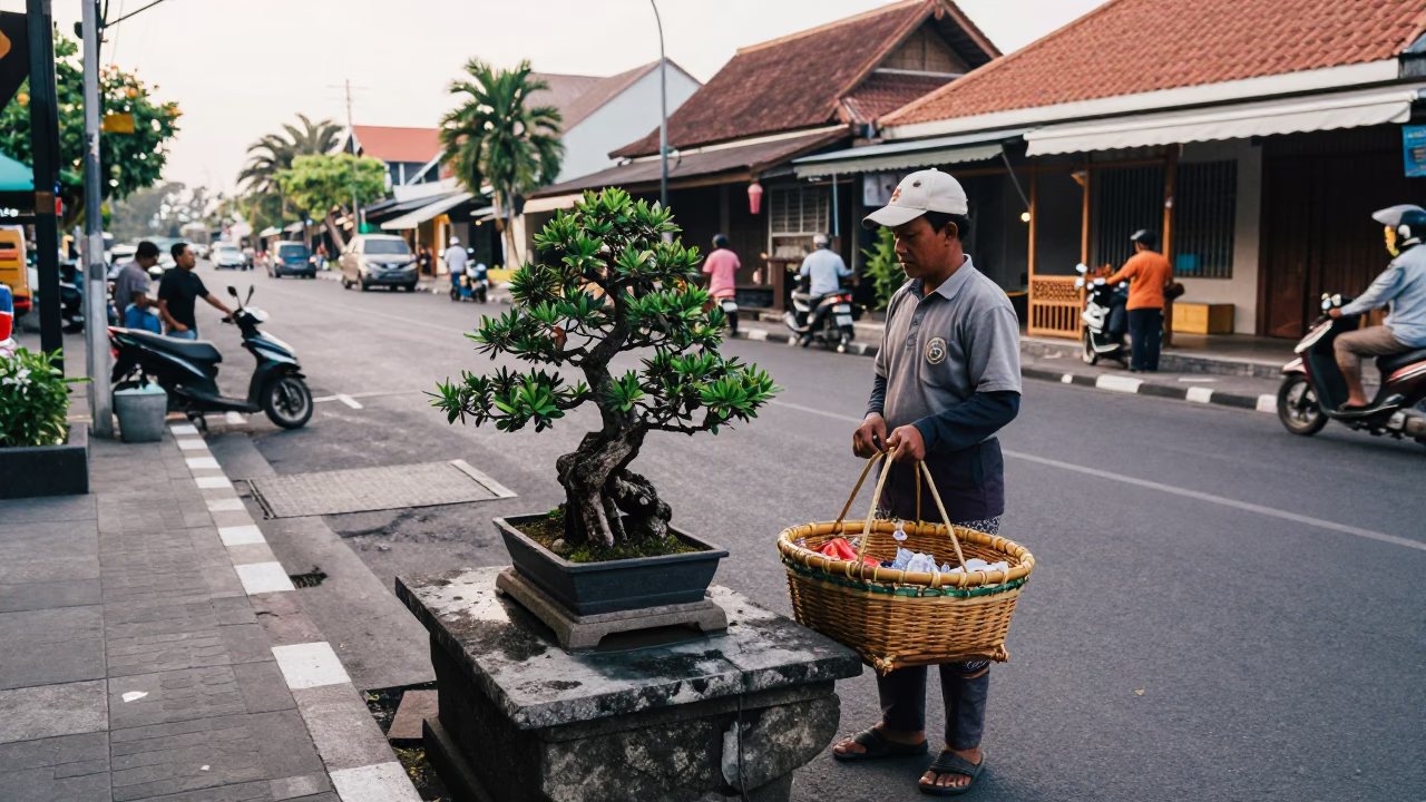 Early Morning Street Scene in Denpasar Indonesia with Traditional Basket and Stone Slab in in Denpasar, Indonesia