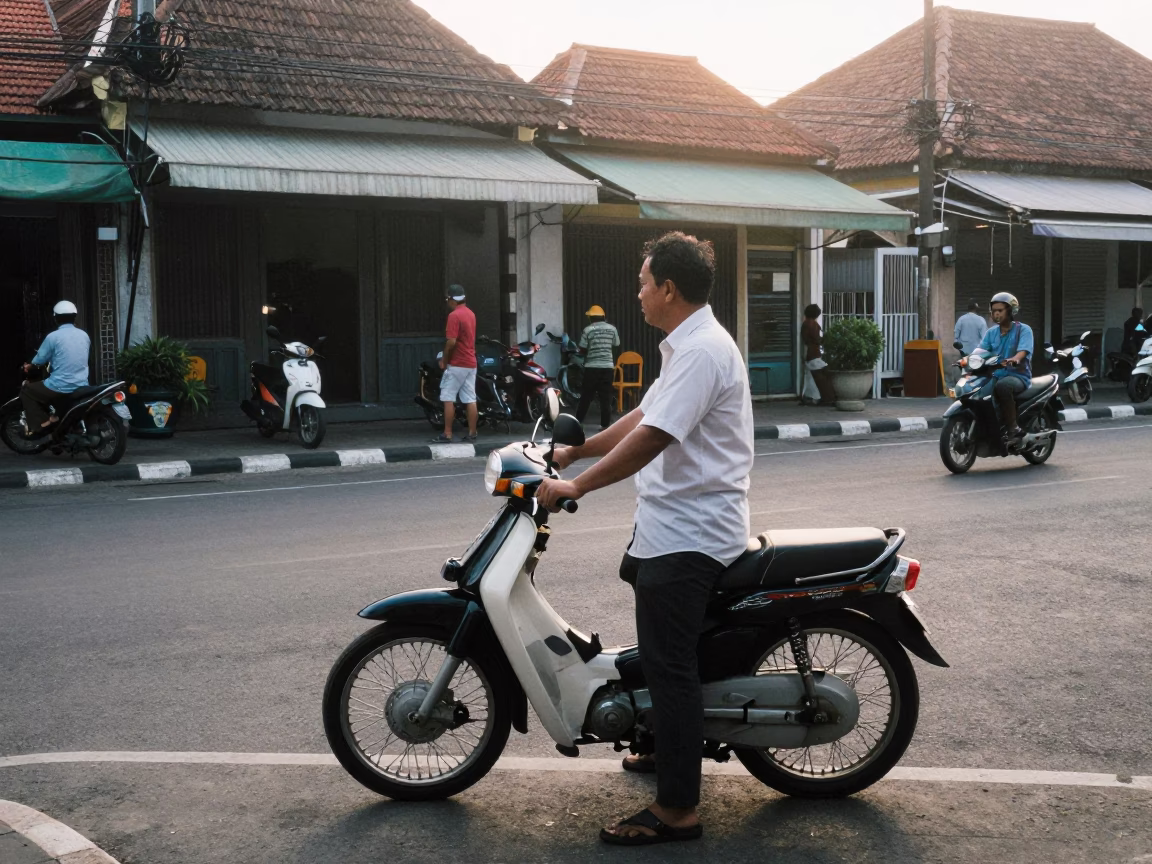 Early Morning Street Scene in Denpasar Indonesia with Vintage Motorcycle and Local Vendor in in Denpasar, Indonesia