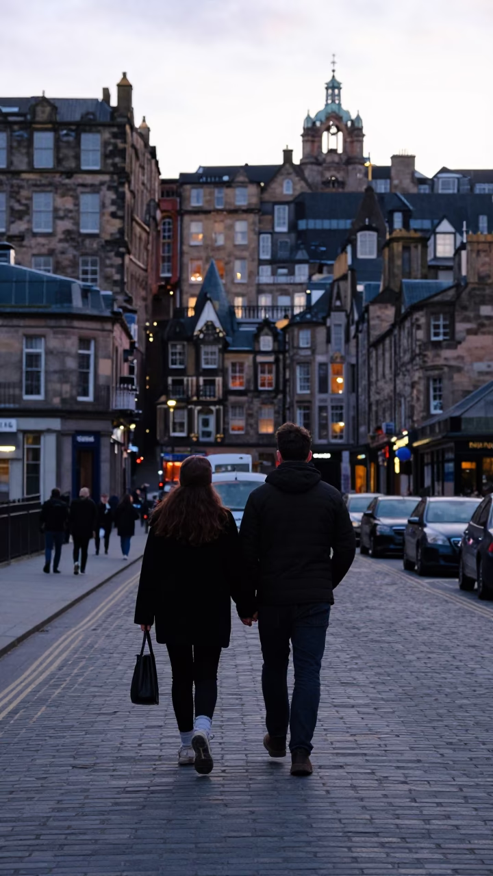 Early Morning Street Scene in Edinburgh United Kingdom with Couple Walking Hand in Hand in in Edinburgh, United Kingdom
