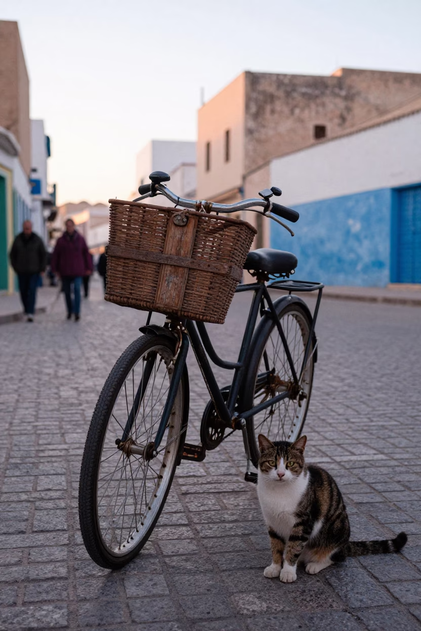 Early Morning Street Scene in Essaouira Morocco with Bicycle Basket and Cat in in Essaouira, Morocco
