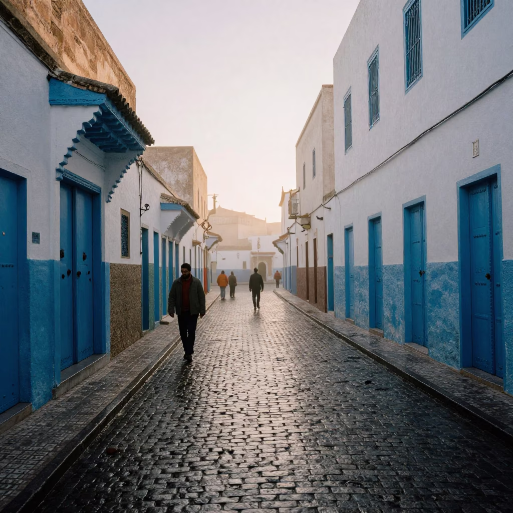 Early Morning Street Scene in Essaouira Morocco with Cobblestones and Local Life in in Essaouira, Morocco