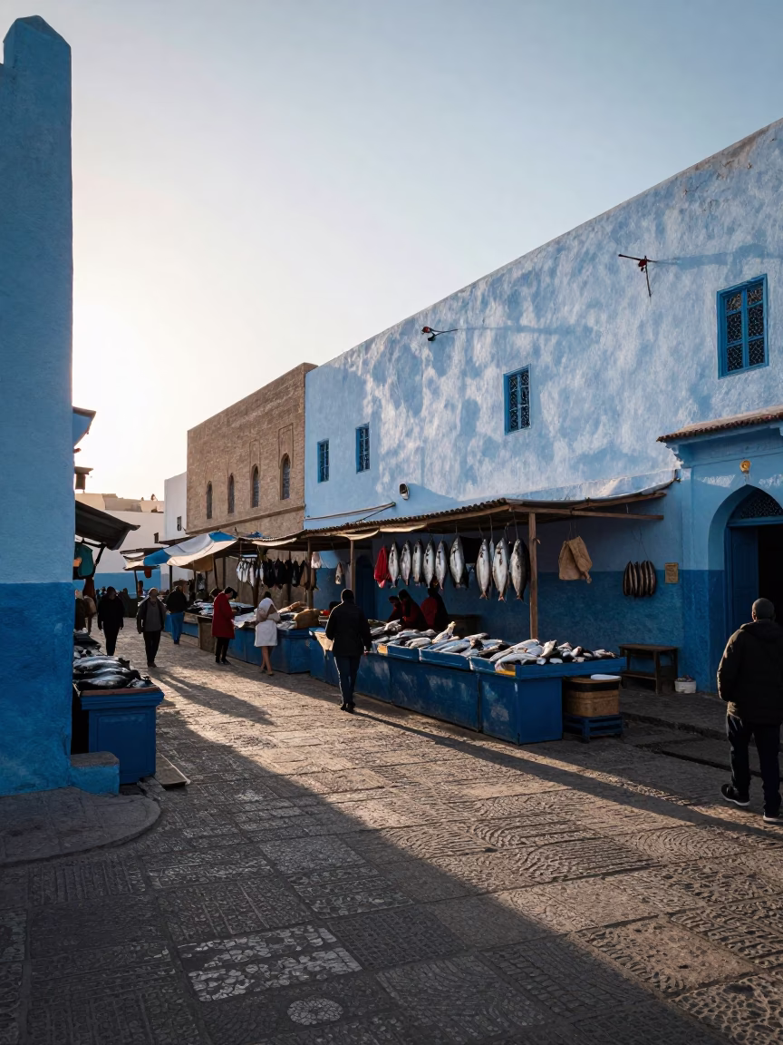 Early Morning Street Scene in Essaouira Morocco with Fish Market and Coastal Light in in Essaouira, Morocco