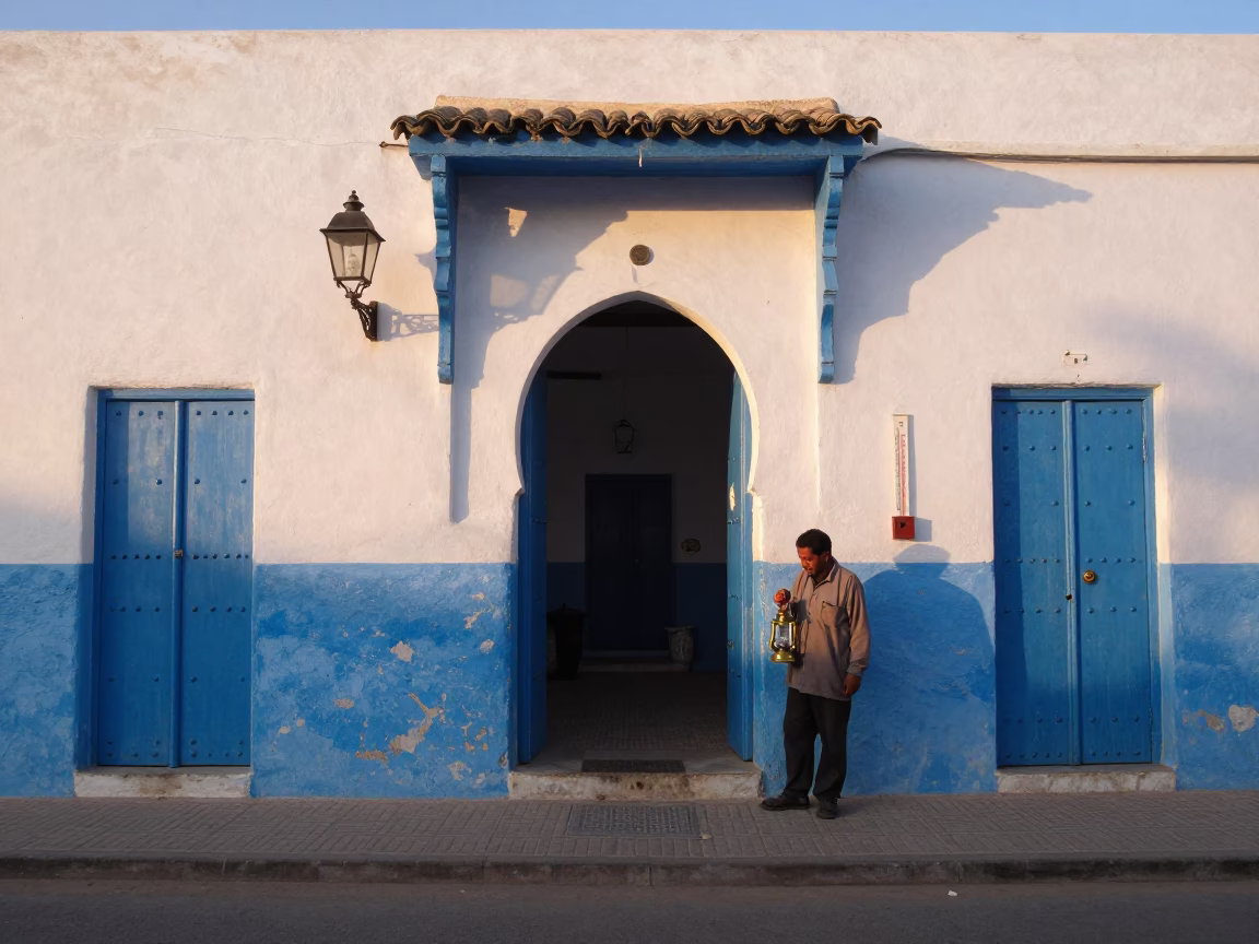 Early Morning Street Scene in Essaouira Morocco with Lantern and Thermometer in in Essaouira, Morocco