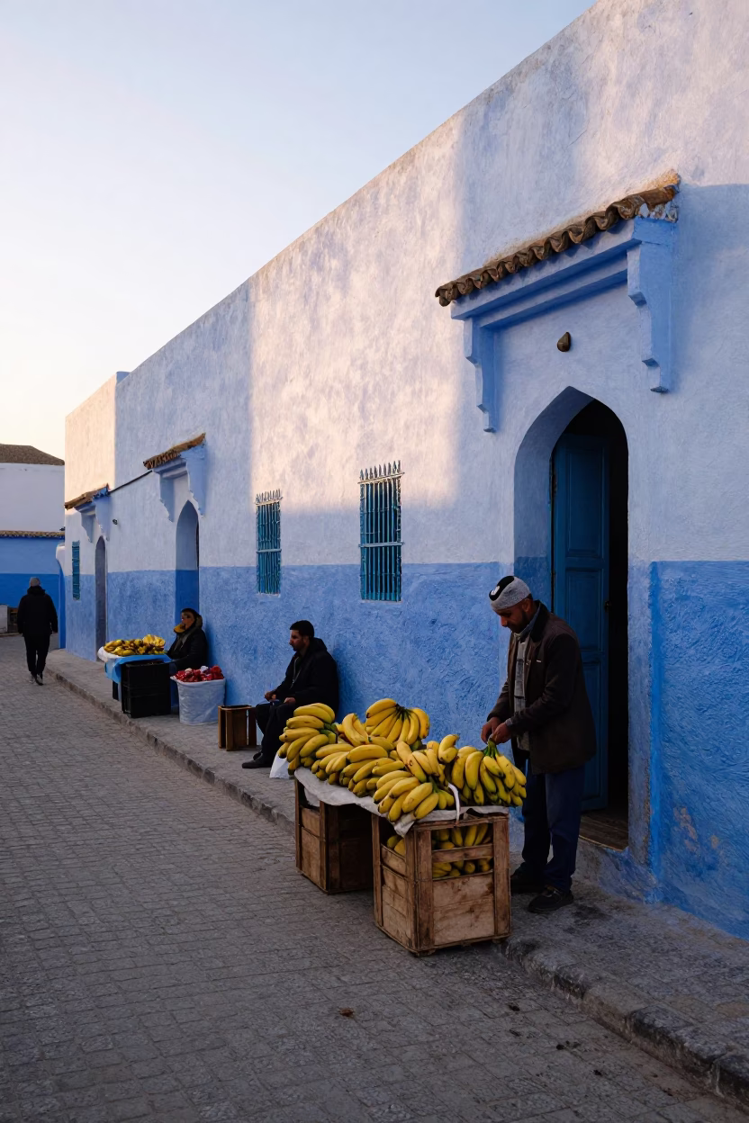 Early Morning Street Scene in Essaouira Morocco with Local Market Activity in in Essaouira, Morocco