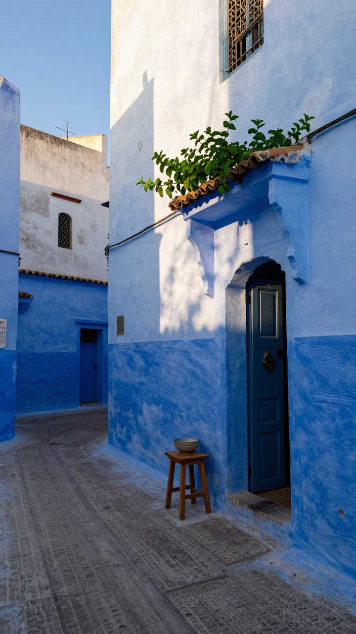 Early morning street scene in Essaouira Morocco with mint leaves and kitchen stool in in Essaouira, Morocco