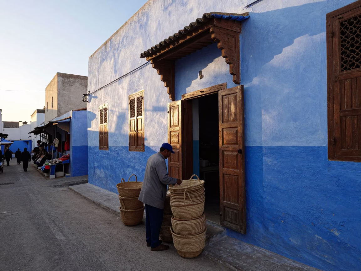 Early Morning Street Scene in Essaouira Morocco with Traditional Market Activity in in Essaouira, Morocco