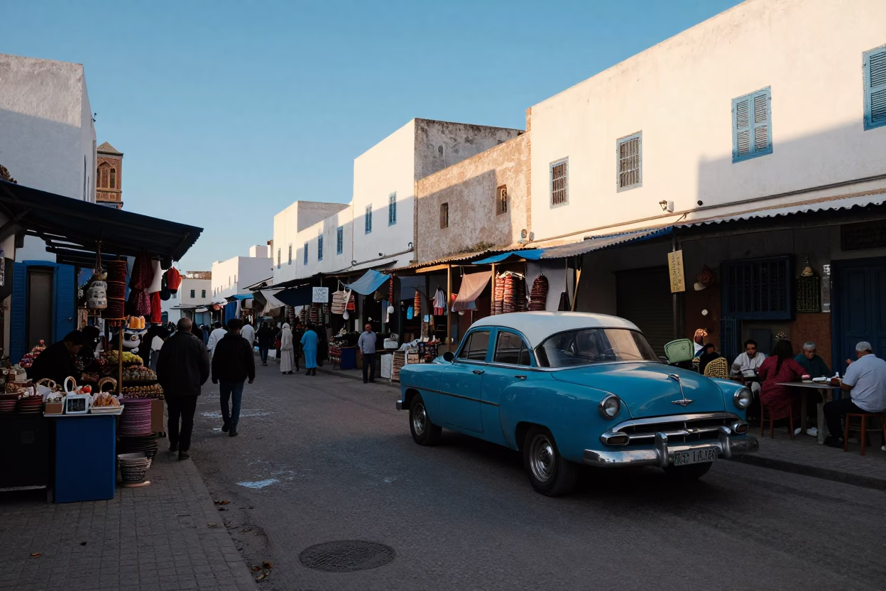 Early Morning Street Scene in Essaouira Morocco with Vintage Car and Local Life in in Essaouira, Morocco