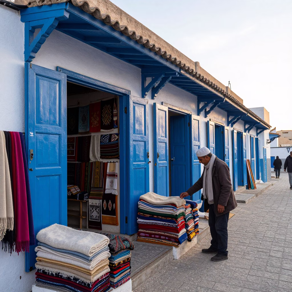 Early Morning Street Scene in Essaouira Morocco with Wool Scarves and Folding Chair in in Essaouira, Morocco