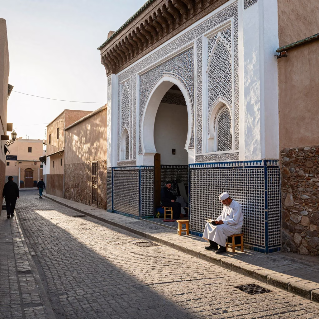 Early Morning Street Scene in Fez Morocco Traditional Zellige Tilework and Local Artisan Life in in Fez, Morocco
