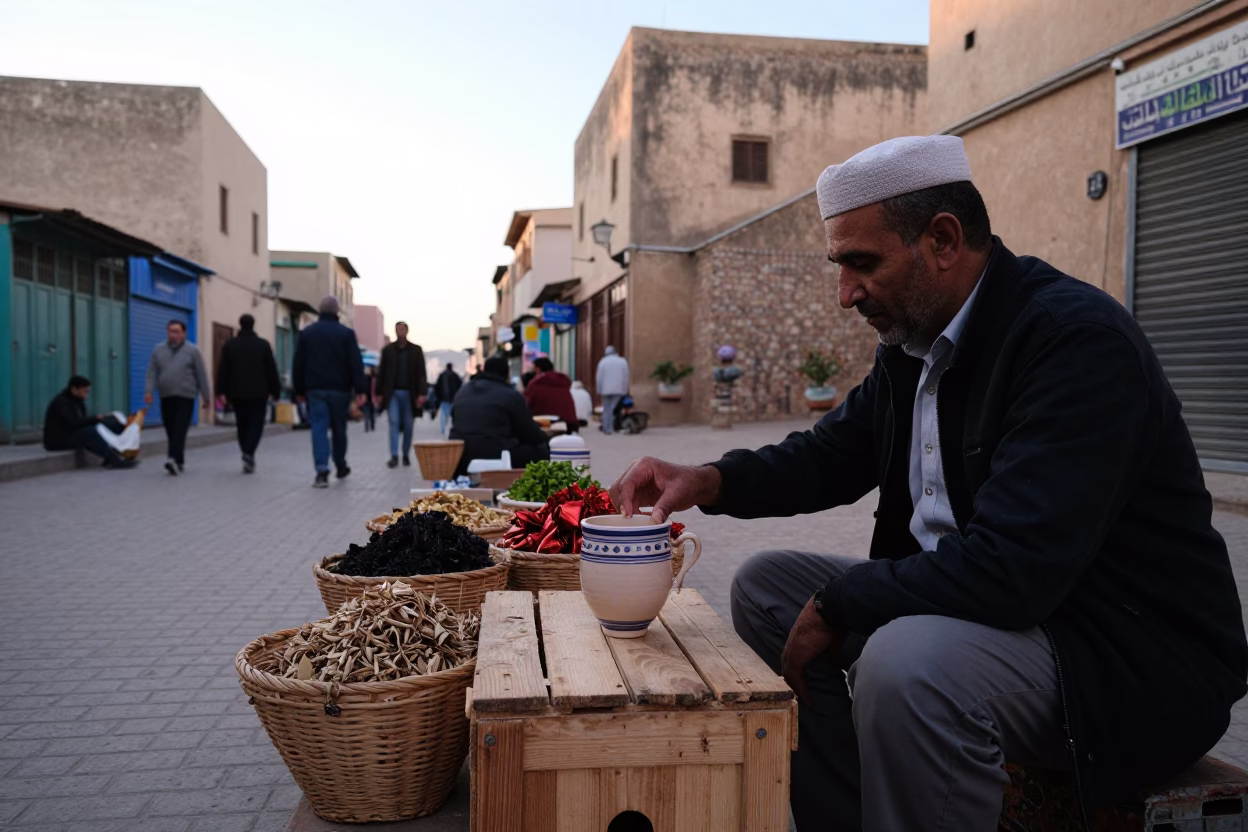 Early Morning Street Scene in Fez Morocco with Ceramic Cup and Narrow Alleyway in in Fez, Morocco