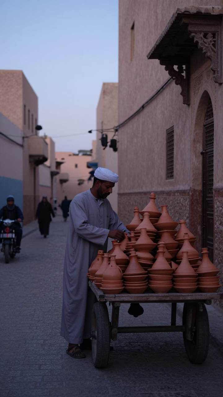 Early Morning Street Scene in Fez Morocco with Traditional Pottery and Local Commerce in in Fez, Morocco