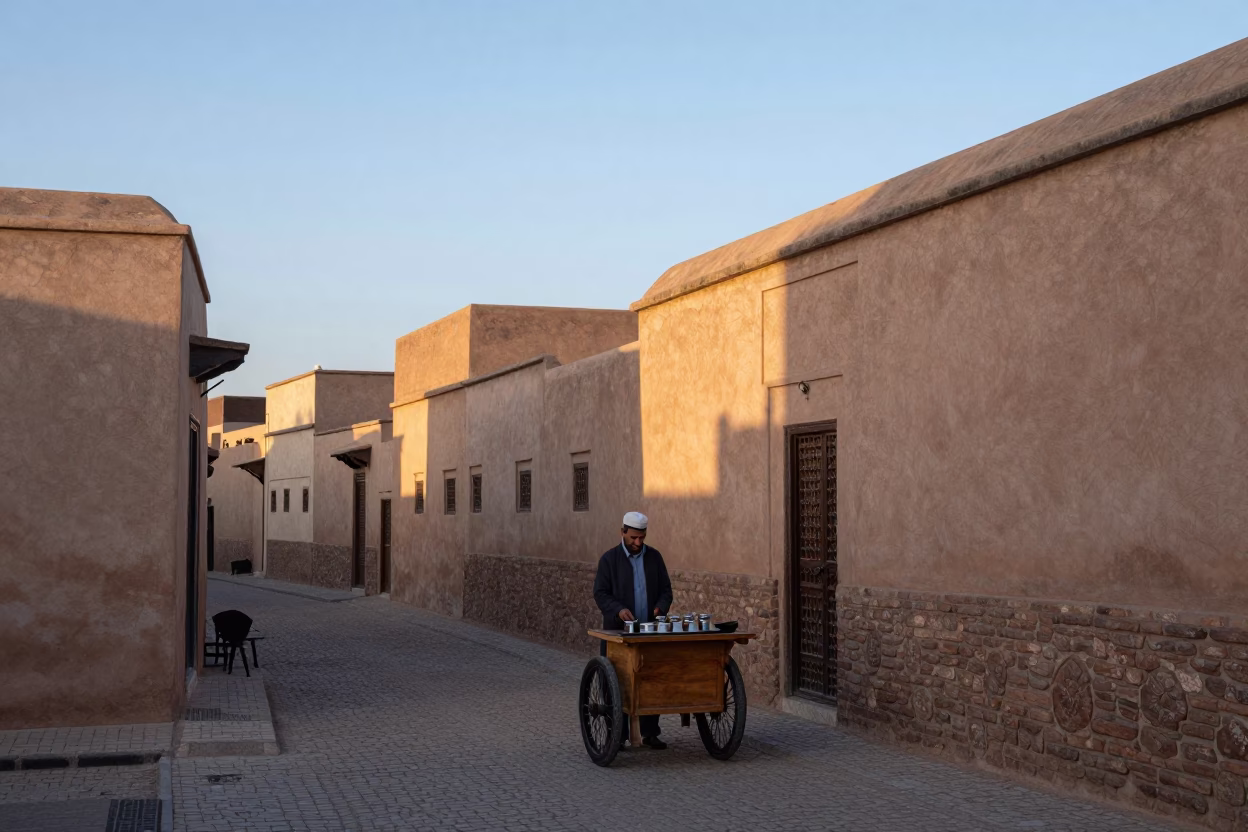 Early morning street scene in Fez Morocco with traditional tea and plant pot in in Fez, Morocco