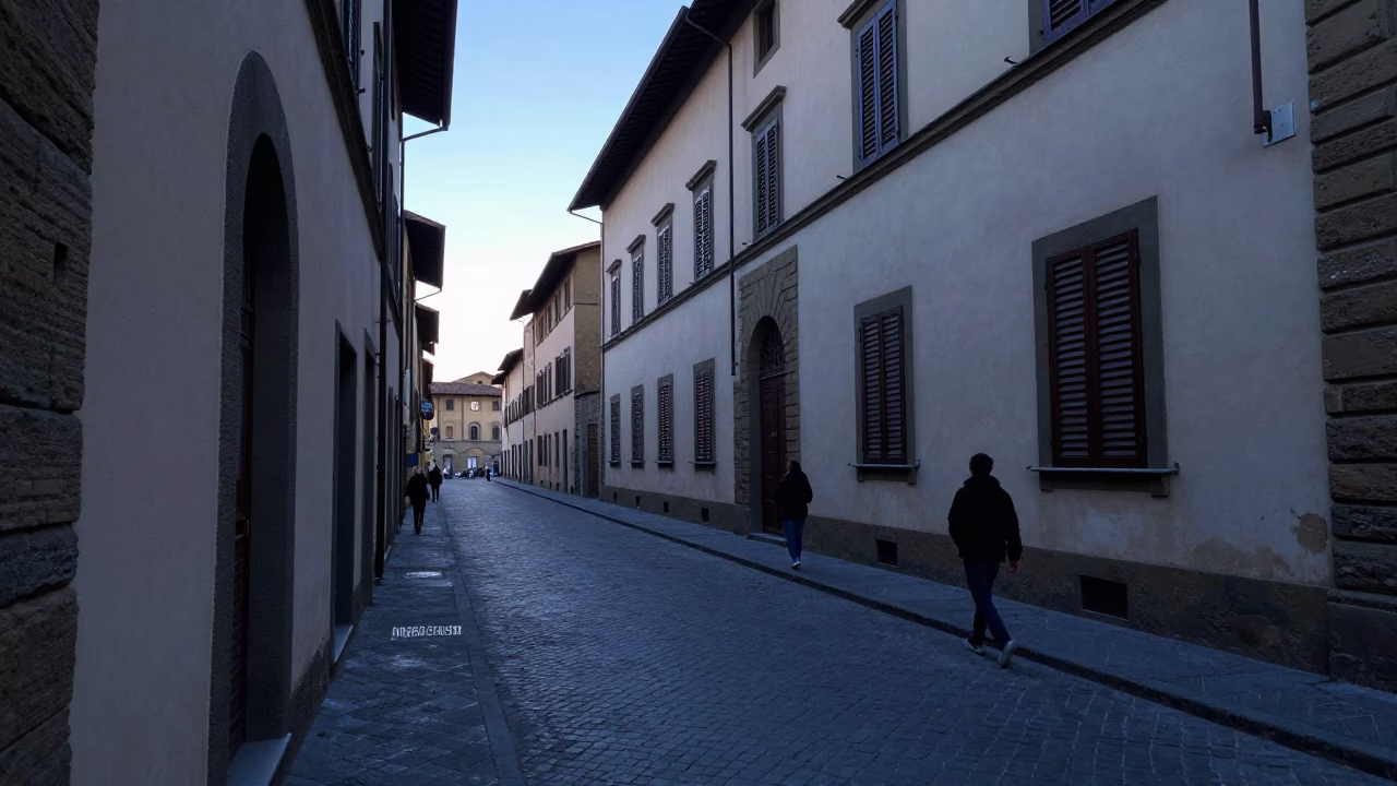 Early Morning Street Scene in Florence Italy Before Sunrise with Cobblestone Details in in Florence, Italy