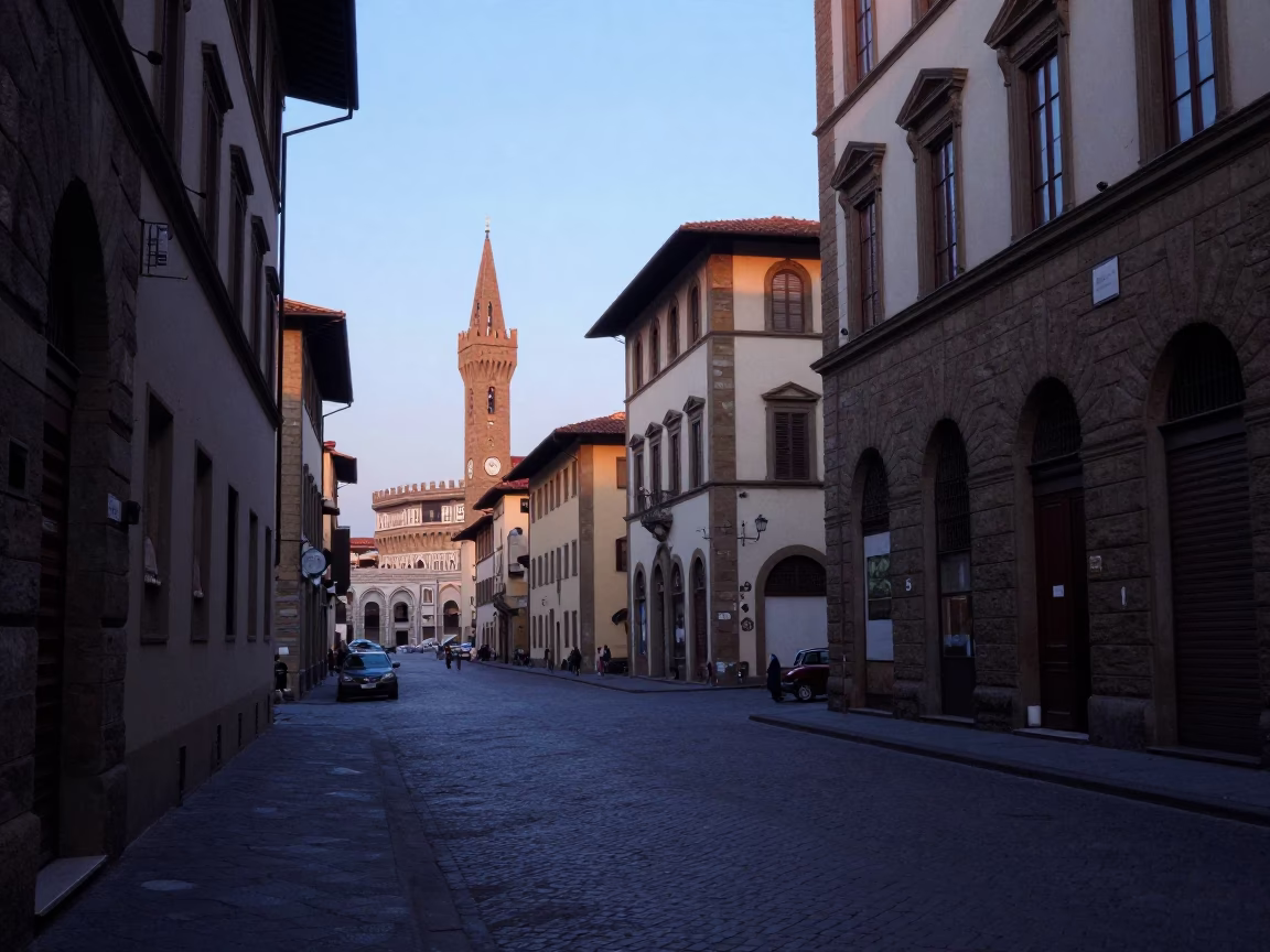 Early Morning Street Scene in Florence Italy with Cobblestones and Local Life in in Florence, Italy