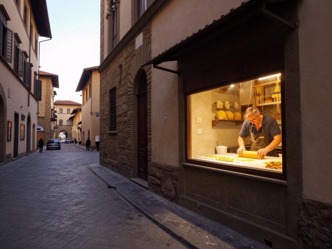 Early Morning Street Scene in Florence Italy with Fresh Pasta and Local Commerce in in Florence, Italy