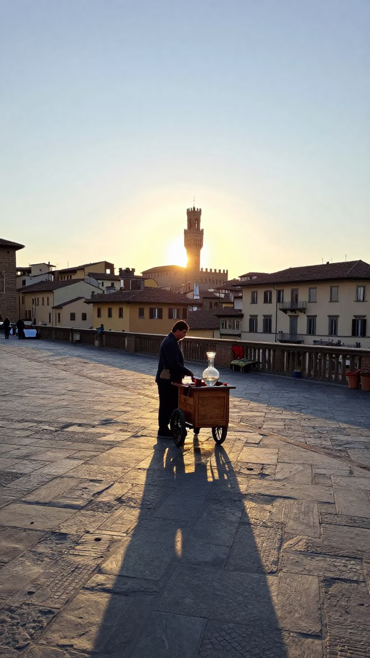 Early Morning Street Scene in Florence Italy with Glass Carafe in in Florence, Italy