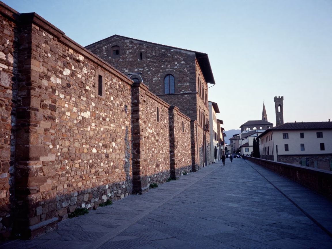 Early Morning Street Scene in Florence Italy with Stone Walls and Morning Light in in Florence, Italy