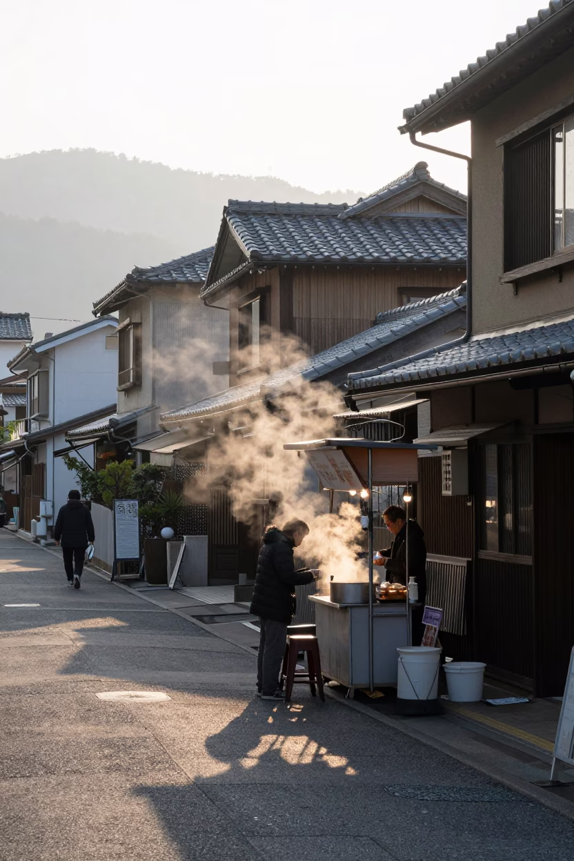 Early Morning Street Scene in Fukuoka Japan with Local Breakfast and Morning Light in in Fukuoka, Japan