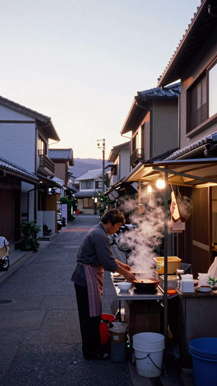 Early Morning Street Scene in Fukuoka Japan with Local Breakfast and Moss Garden Details in in Fukuoka, Japan