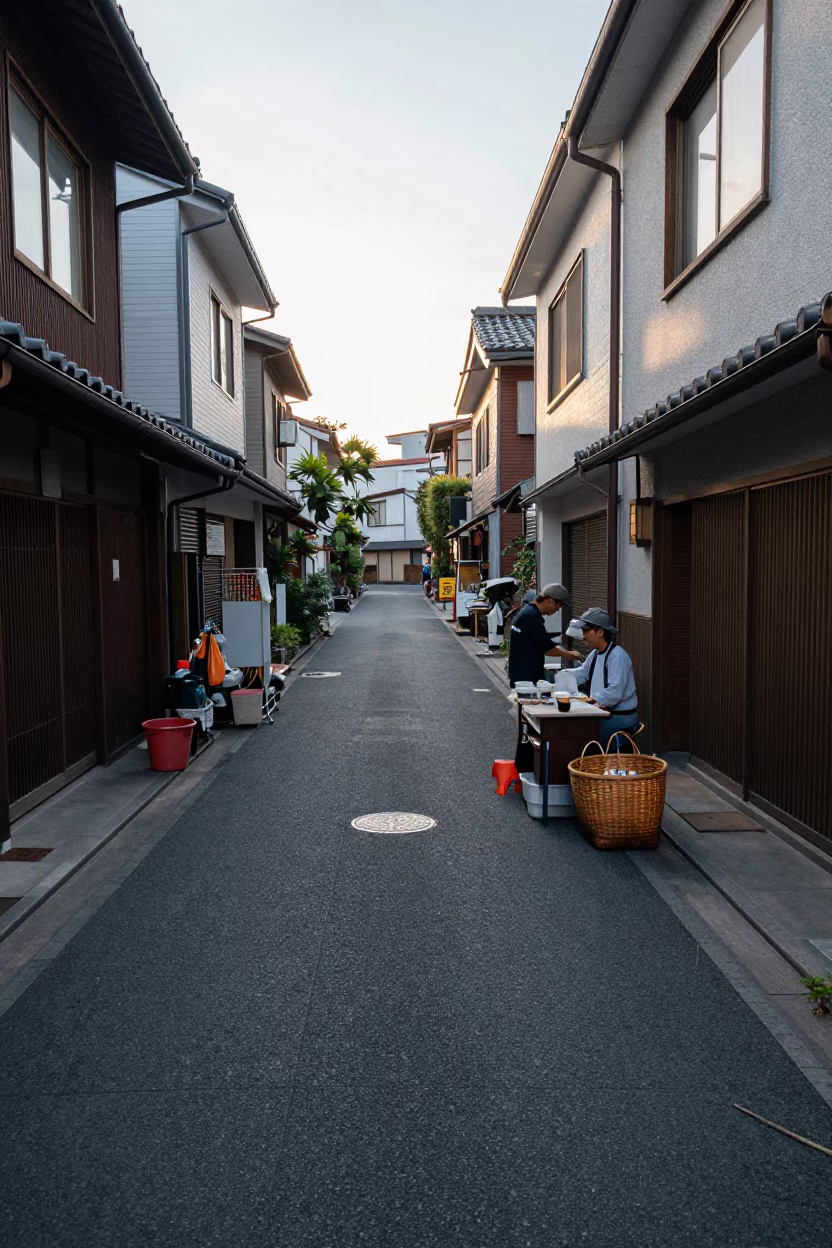 Early Morning Street Scene in Fukuoka Japan with Mending Basket and Local Commerce in in Fukuoka, Japan