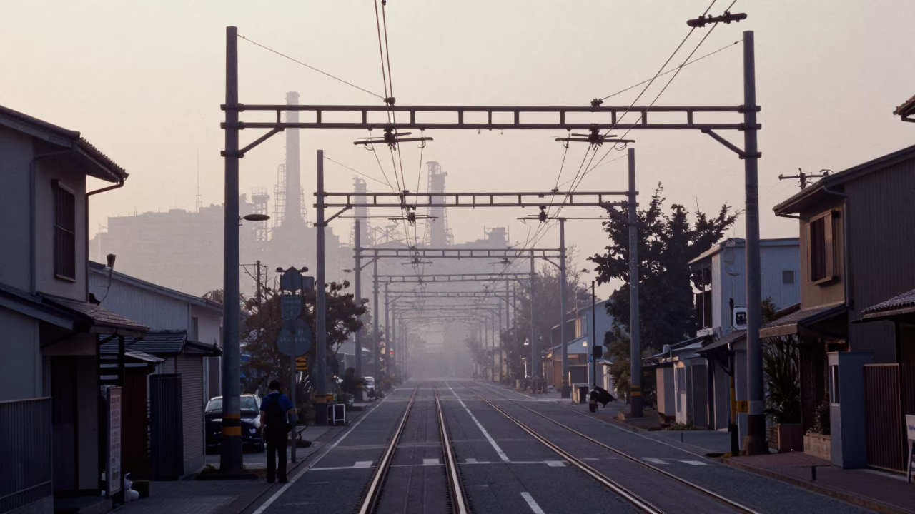 Early Morning Street Scene in Fukuoka Japan with Rail Catenary System and Giant Schnauzer in in Fukuoka, Japan