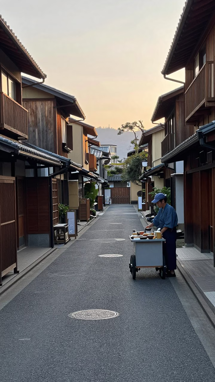 Early Morning Street Scene in Fukuoka Japan with Traditional Breakfast and Daily Life in in Fukuoka, Japan