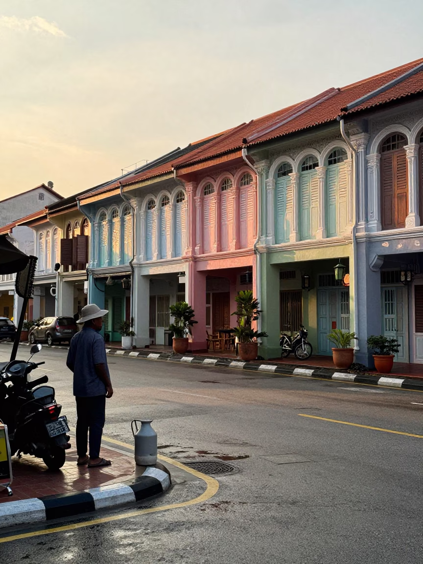 Early Morning Street Scene in George Town Malaysia with Cooler Jug and Local Commerce in in George Town, Malaysia
