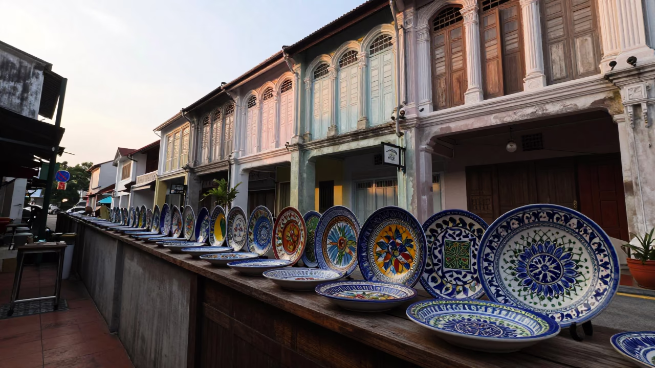 Early Morning Street Scene in George Town Malaysia with Majolica Plates and Nickel Latch in in George Town, Malaysia