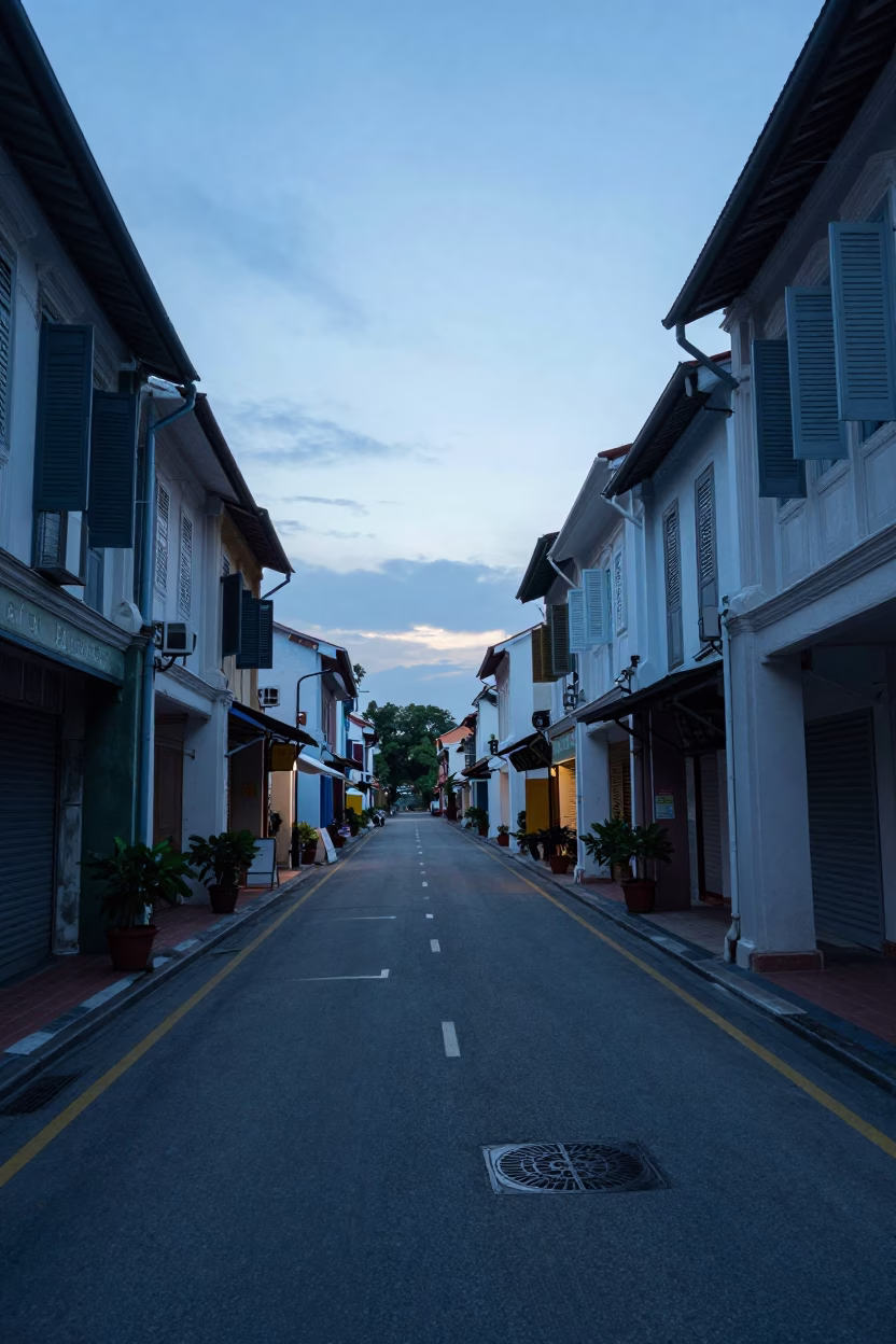 Early Morning Street Scene in George Town Malaysia with Shuttered Shop Fronts in in George Town, Malaysia