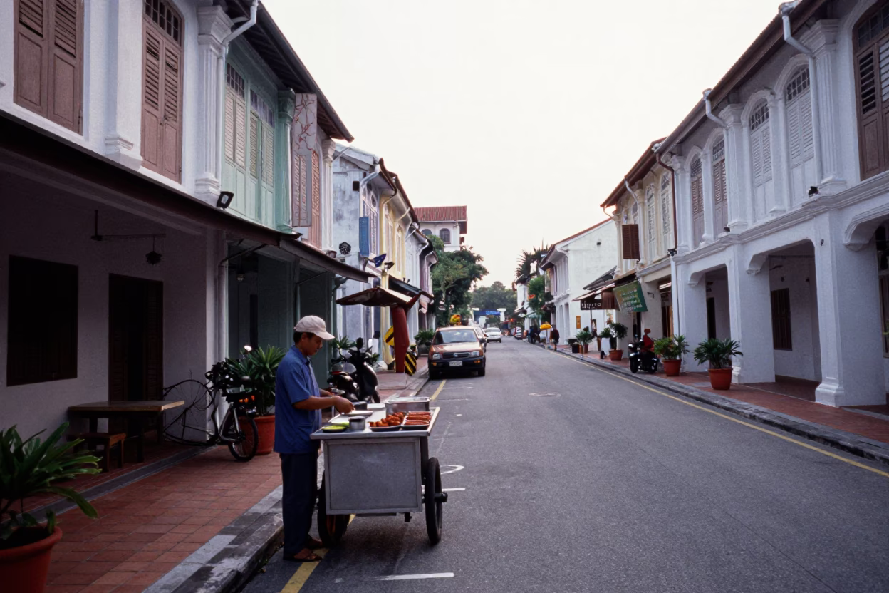 Early Morning Street Scene in George Town Malaysia with Traditional Shophouses and Local Breakfast in in George Town, Malaysia