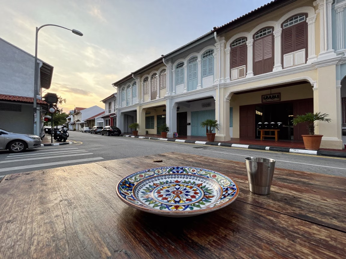 Early Morning Street Scene in George Town Malaysia with Vintage Majolica Plate and Bicycle in in George Town, Malaysia