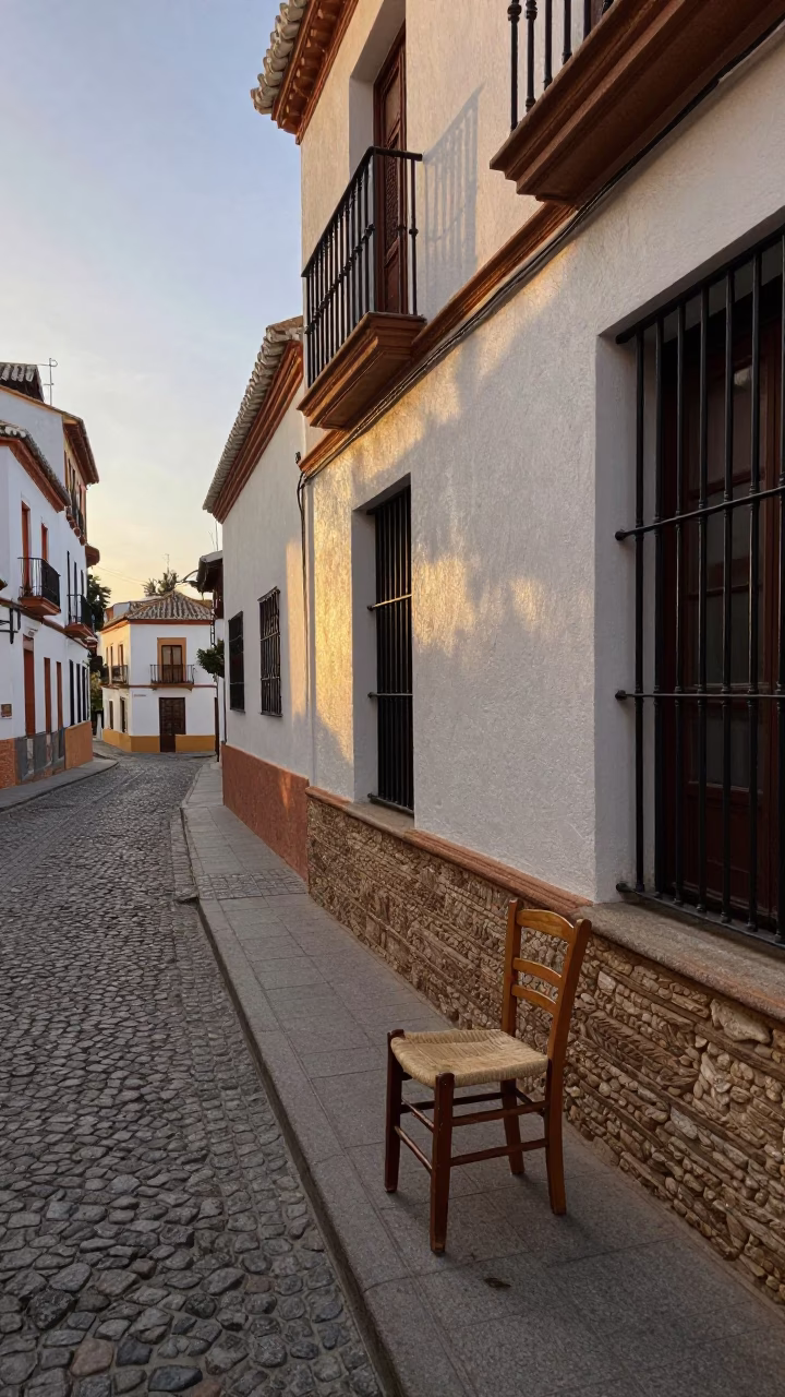 Early Morning Street Scene in Granada Spain with Wooden Chair and Coffee Cup in in Granada, Spain