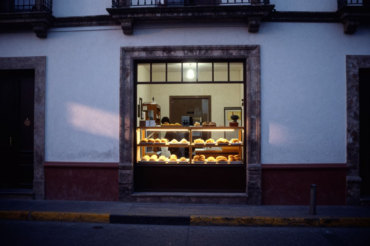 Early Morning Street Scene in Guadalajara Mexico Before Sunrise with Local Bakery Display in in Guadalajara, Mexico