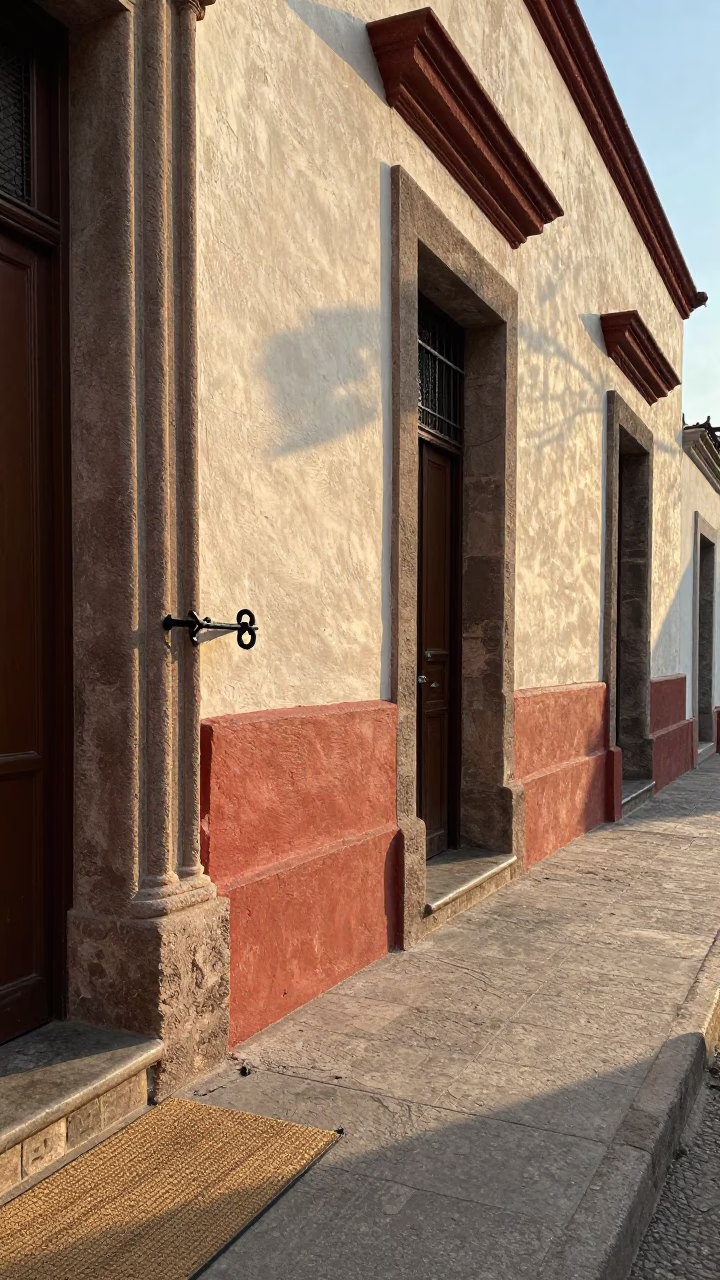 Early Morning Street Scene in Guadalajara Mexico with Iron Deadbolt and Doormat in in Guadalajara, Mexico